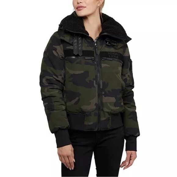 Kendall + Kylie Jenner Large Sucre Camo Full-Zip Puffer Down Bomber Jacket Coat - Picture 1 of 7